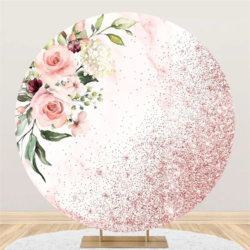 Aperturee Elegant Pink Floral Plant Glitter Circle Backdrop | Custom Curtain Party Backdrop | Party Photo Backdrops | Party C...