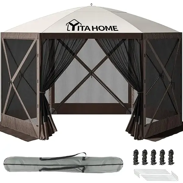 Yitahome 12x12ft Camping Gazebo, Portable Pop Up Canopy Outdoor Screen Tent 6 Sided with Mesh Windows and Carry Bag for Campi...