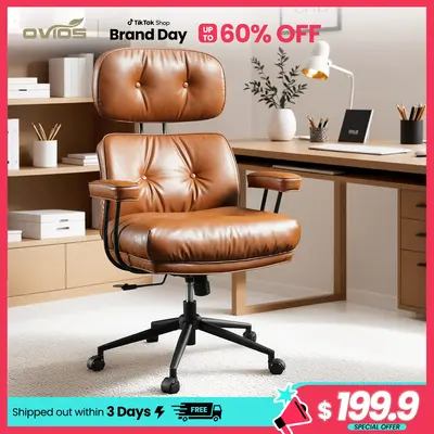 【Restock Deal】Ovios Oversized Home Office Chair, Extra-Wide Seat, Built for Big & Tall Comfort, Mid-Century Modern Faux L...