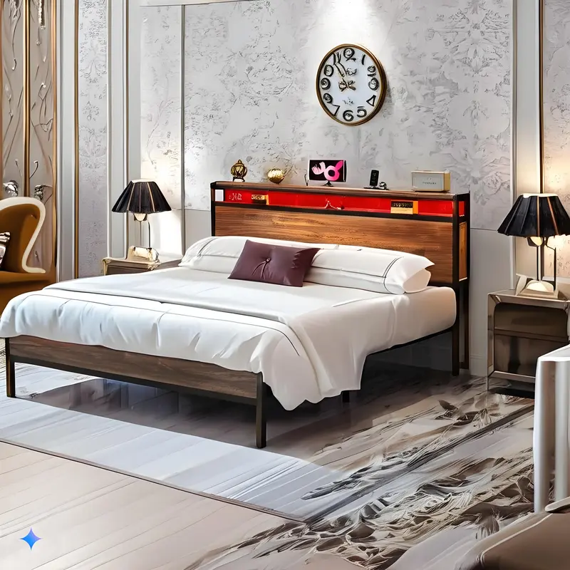 Full Size Bed Frame with Charging Station, LED Lights, Steel Slat Support, No Box Spring, Durable Industrial Metal Platform B...