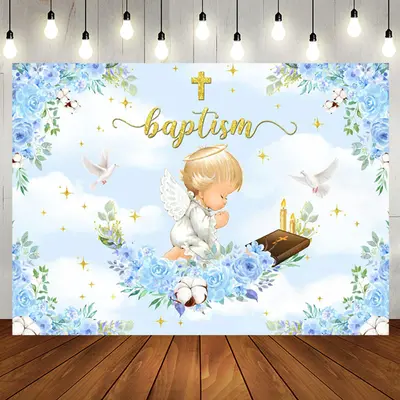 Blue Flowers Cross Angle Baptism Backdrop For Boy - Aperturee