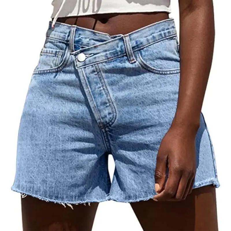 Genleck Women Crossover High Waisted Jeans Shorts Stretchy Casual Denim Shorts Boyfriend Summer Womenswear Streetwear Bottom