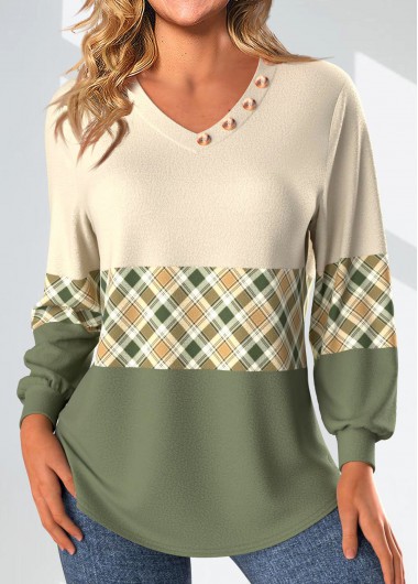 Modlily Light Yellow Patchwork Plaid Long Sleeve V Neck Sweatshirt - L
