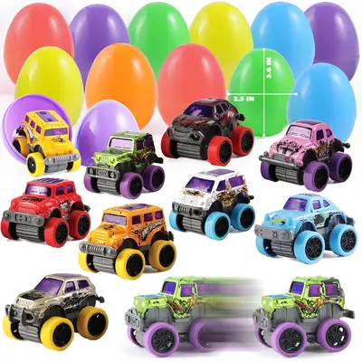 2025 Toys for Kids 12Pcs 3.8in Easter Eggs Packed with Pull Back Monster Cars and Trucks for Easter Egg Hunt / 48Pcs Prefille...