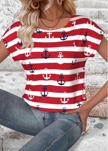 Modlily Red Striped Short Sleeve Round Neck T Shirt - M