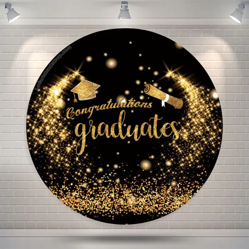 Aperturee Gold Glitter Round Congrats Grad Backdrop Cover | Custom Grad Backdrop | Personalized Grad Backdrops | Photo Backdr...