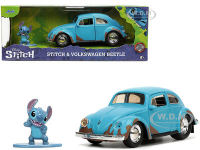 Volkswagen Beetle Matt Blue (Weathered) and Stitch Diecast Figure Lilo and Stitch (2002) Movie Hollywood Rides Series 1/32 Di...