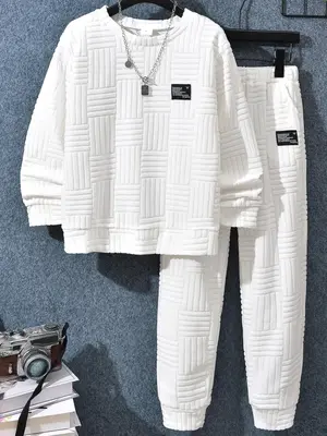 Two-Piece Set Boy's Plain Jacquard Patched Sweatshirt & Elastic Waist Sweatpants Set, Casual Round Neck Long Sleeve Pullover ...