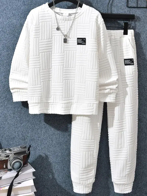 Two-Piece Set Boy's Plain Jacquard Patched Sweatshirt & Elastic Waist Sweatpants Set, Casual Round Neck Long Sleeve Pullover ...