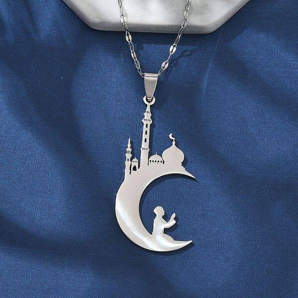 304 Stainless Steel Hollow Moon with Castle and Prayer Pendant Necklaces for Ramadan & Eid Mubarak