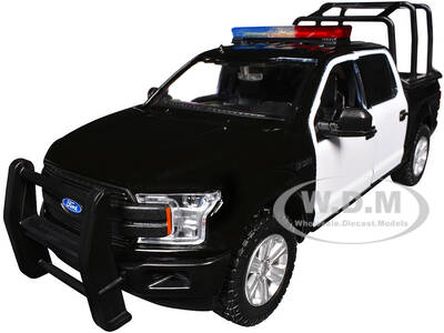 2019 Ford F-150 Lariat Crew Cab Pickup Truck with Bed Cage Black and White with Flashing Light Bar and Front and Rear Lights ...
