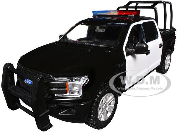 2019 Ford F-150 Lariat Crew Cab Pickup Truck with Bed Cage Black and White with Flashing Light Bar and Front and Rear Lights ...
