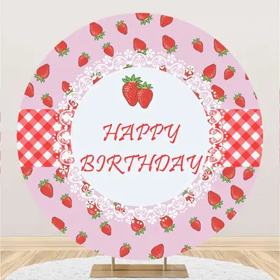 Round Pink Red Strawberry Happy Birthday Backdrop - Aperturee