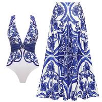 FLAXMAKER Women's v-neck Classic Majolica Series Pattern Print One Piece Swimsuit and Matching Cover Skirt Set Summer Swimdre...
