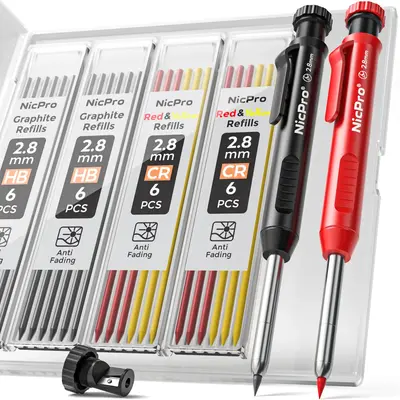 Nicpro Carpenter Pencil with Sharpener, Mechanical Pencils Set with 26 Refills, Deep Hole Marker for Construction, Heavy Duty...