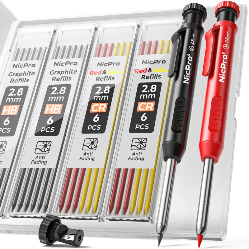 Nicpro Carpenter Pencil with Sharpener, Mechanical Pencils Set with 26 Refills, Deep Hole Marker for Construction, Heavy Duty...