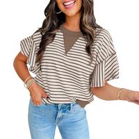 Mntaor Summer Short Sleeve T-Shirts for Women Parchment Contrast Detail Striped Ruffle Top with Comfort and Style - Womenswea...