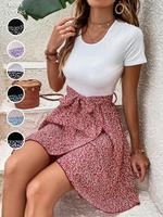 Women's Ditsy Floral Print Belted Wrap Dress, Elegant Fashion Casual Shortsleeve A Line Short Dress for Daily Outdoor Wear, L...