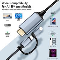<iOS Only>JUCONU 2-in-1 HDMI Cable for iPhone & iPad, Lightning & Type-C  to HDMI ,1080P HD Video & Audio Sync , Compatible w...