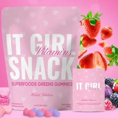 IT GIRL SNACK - Pink Starburst Flavor Daily Super Greens Gummies, Superfood Fruit Snacks, Organic Spirulina, Chlorella, Prebi...