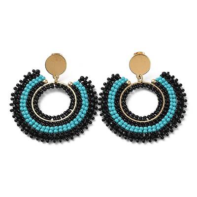 Woven Glass Beaded Donut Dangle Stud Earrings