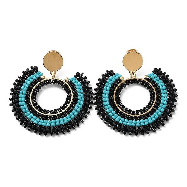 Woven Glass Beaded Donut Dangle Stud Earrings