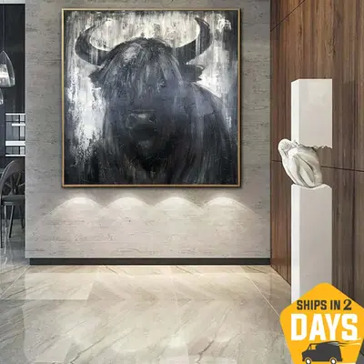 Large Abstract Bull Paintings On Canvas Wild Animal Painting Original Wild Nature Art Handmade Textured Painting | BULL 27.55...
