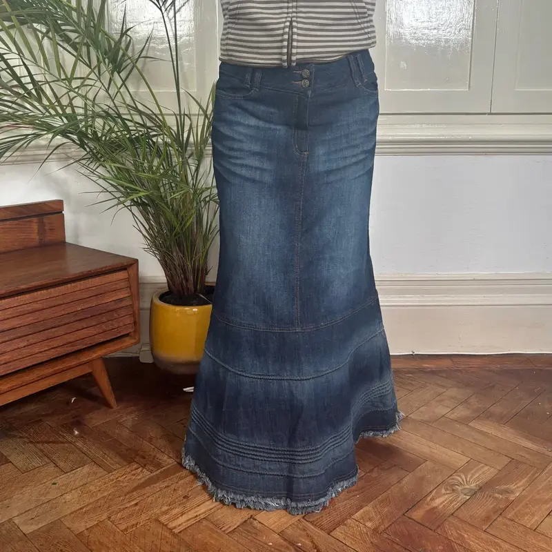 Ross Gold Maxi Denim Skirt - 32W UK 12 Blue Cotton