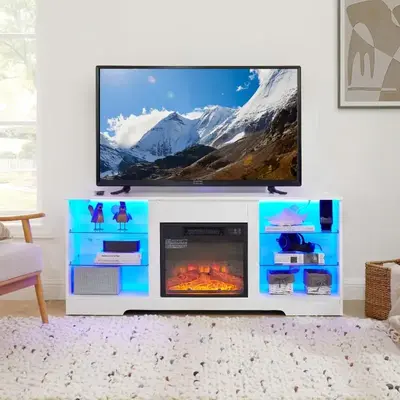 Bellemave Electric Fireplace TV Stand with Glass Shelves, LED Lights, Modern Design, Suitable for Up to 32-62\