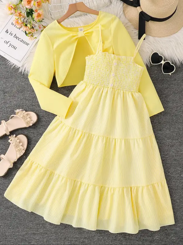 Girl's Knot High Low Blouse Top & Ditsy Floral Print Shirred Button Cami Dress Two-piece Set, Elegant Long Sleeve Top & Sleev...