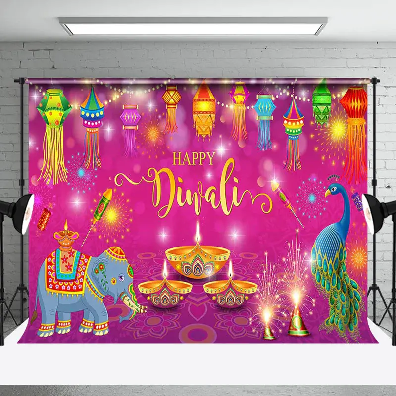 Aperturee Purple Bokeh Lanterns Elephant Happy Diwali Backdrop - Aperturee