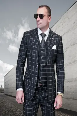 Plaid Men's 3 Piece Wool Suit Classic Windowpane Plaid Modern Fit