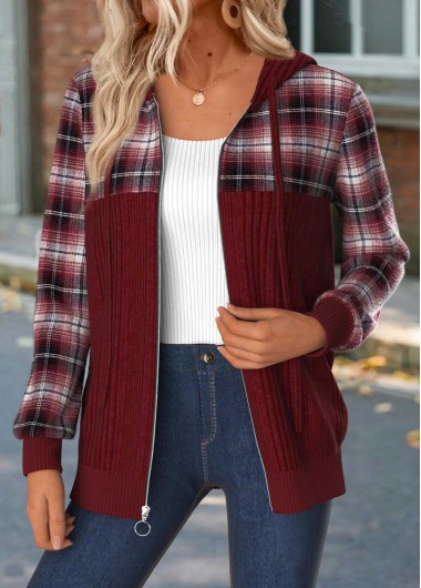 Modlily Wine Red Tummy Coverage Plaid Hoodie and Coat - L