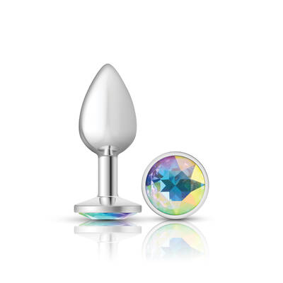 Clear Iridescent Round Gem Silver Metal Plug - Sm