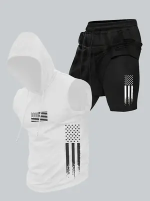 Two-Piece Set Men's American Flag Print Hooded Tank Top & Shorts Set, Regular Fit Casual Sleeveless Top & Shorts, Men's Summe...