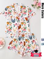 Women's Chicken & Floral Print Button Top & Shorts Pajama Two-piece Set, Casual Comfy Shortsleeve Top & Shorts Pj Set, Ladies...