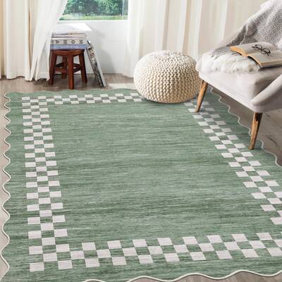 Garvee Bordered Green 8x10 Area Rug for Living Room Scalloped Washable Large Bedroom Rug Non Slip Stain Resistant Modern Bord...