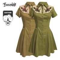 Boozelele Western Cowgirl And Dinosaur Printed Western Cowboy Dress For Women Button-down Dress Short Sleeves 100% Cotton Dre...