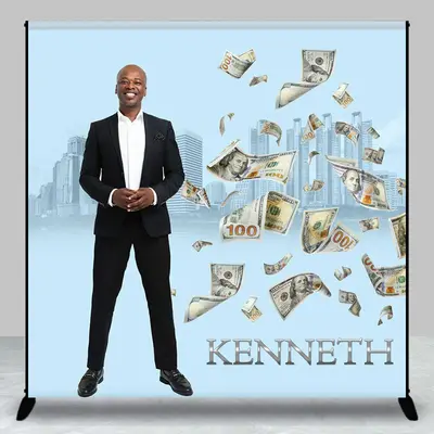 Blue Building Dollars Custom Birthday Party Backdrop - Aperturee