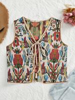 Women's Floral Pattern Tie Front V Neck Vest, Casual Bohemian Sleeveless Outerwear for Beach Vacation Holiday, Ladies Clothes...