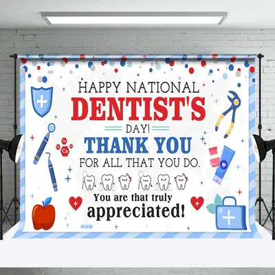 White Blue Teeth Happy National Dentists Day Backdrop - Aperturee