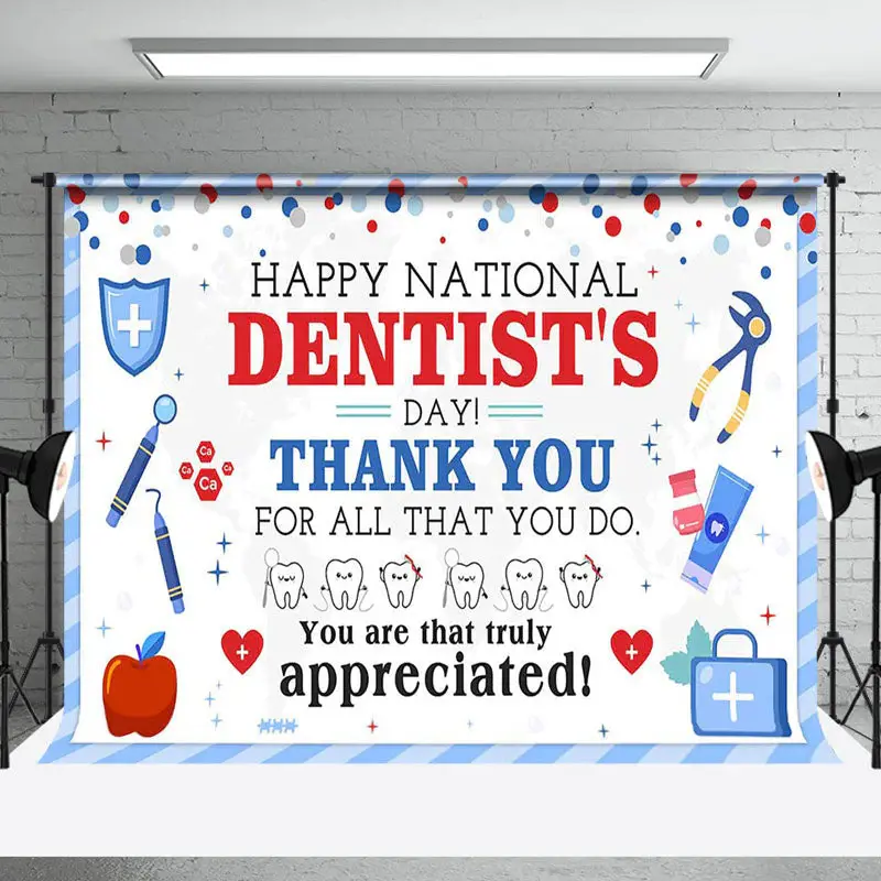 White Blue Teeth Happy National Dentists Day Backdrop - Aperturee