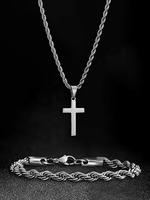 Men's Simple Style Stainless Steel Cross Pendant Necklace & Chain Bracelet, Fashion Jewelry Set for Party, Men's Bracelets, D...
