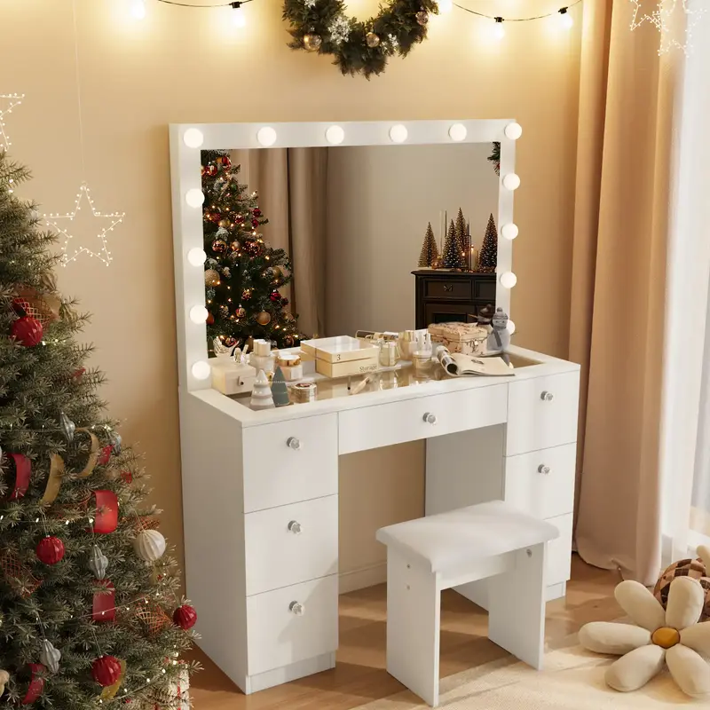 VOWNER Modern Makeup Vanity Desk with Lighted Mirror and Stool,Makeup Table Sets with Drawers and Glass Desktop, Furniture Be...