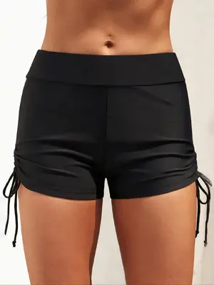 Women's Solid Ruched Drawstring High Waist Swim Shorts, Summer Clothes Women, Casual Comfy Breathable Swim Shorts for Summer...