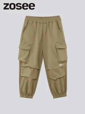 Boy's Solid Color Embroidery Flap Pocket Elastic Waist Cargo Pants, Casual Comfy Windproof Waterproof Trousers for Fall & Win...