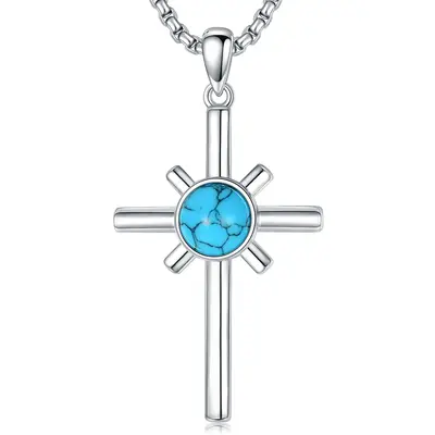 Sterling Silver Round Turquoise Cross Pendant Necklace for Men
