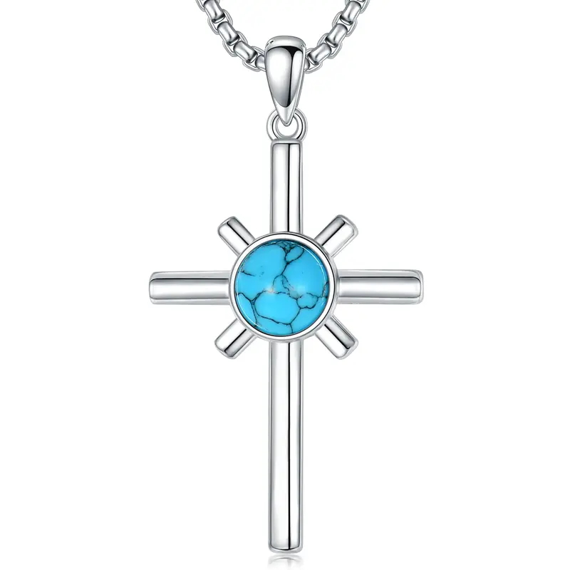 Sterling Silver Round Turquoise Cross Pendant Necklace for Men