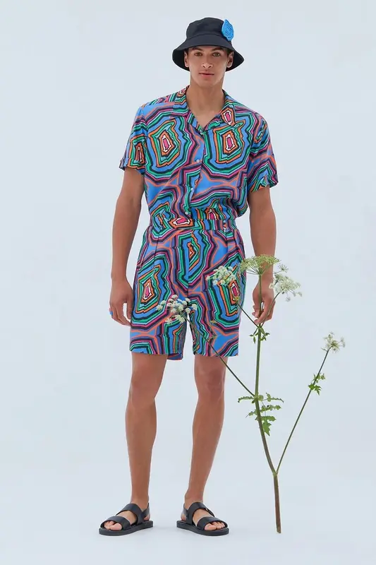 Relaxed Shorts with Pleats in Concentric Sky Blue | Size: L/XL