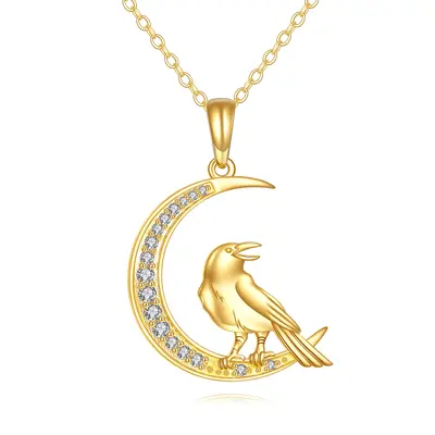 14K Gold Crow Cubic Zirconia Pendant Necklace
